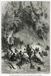 Sir Henri Morton Stanley (1841-1904) in the midst of the bathers of the Karagoue region (Cameroon), who plunge into the hot and medical water basin of the Mtagata gorge, drawing by Emile Bayard, to illustrate the story Through the Mysterious Continent, a