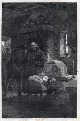 The Myriel Bishop with a Mourning Family - Illustration by Emile Bayard for The Miserables - First Part: Fantine by Victor Hugo 1862