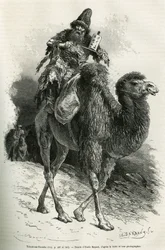 The guide and interpreter of the expedition, Chutun Dzamba, 58 years old, crouched on his camel, continually mumbled prayers, drawing by Emile Bayard to illustrate the voyage to Mongolia and the land of the Tanguts from 1870 to 1873, by the lieutenant