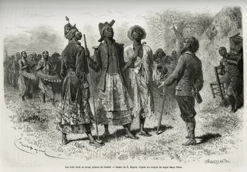 The three conductors (or sovas), princes of Dombe (Angola), and their suite of musicians and courtier, coming to meet the explorer S.Pinto. Engraving by Emile Bayard, to illustrate the story how I