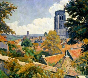 View of Tonnerre with the Church of Notre Dame. View of the Roofs of the Town of Tonnerre in Yonne in Burgundy