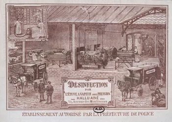 Poster advertising Machinery for Disinfection by Steam produced by Hallu Aine, end nineteenth century
