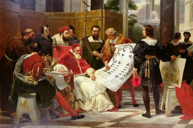 Pope Julius II ordering Bramante, Michelangelo and Raphael to construct the Vatican and St. Peter