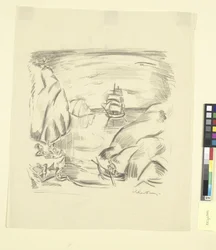 A Bay with a Sailing Ship and Bathing Women