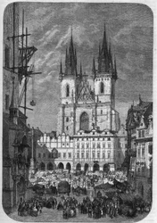 Gothic architecture: exterior view of the Church of Our Lady of Tyn in Prague