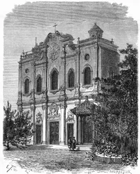 View of the facade of the cathedral of Nantang, built on the site of the house of Matteo Ricci (1552-1610), father of Catholicism in China. Engraving after a drawing by Therond, in Le Tour du Monde, Nouveau journal des Voyages, edited by Edouard Charton