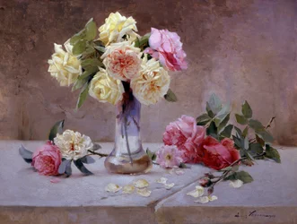 Still Life of Pink and Yellow Roses