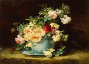 Roses in a Blue and White Porcelain Bowl