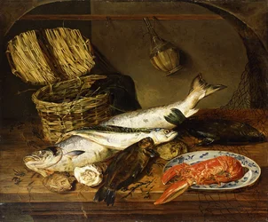 A Salmon, a Mackerel, a Lobster on a Plate, a Wicker Basket, Oysters, a Chianti Bottle and a Fisherman