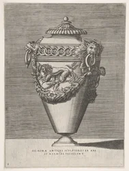 Antique Lidded Urn Decorated with a Motif of Diamond Rings and Lions, from Vases