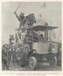 A Gallic Hero on an Automobile, Conveying the Bartholdi Statue of Vercingetorix to the Grand Palais of the Champs Elysees