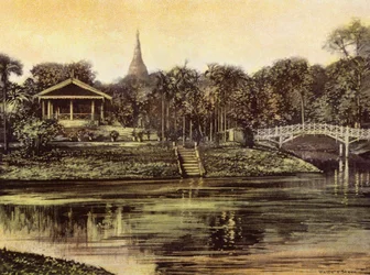 Burmah / Myanmar: The Pagoda from the Cantonment Gardens