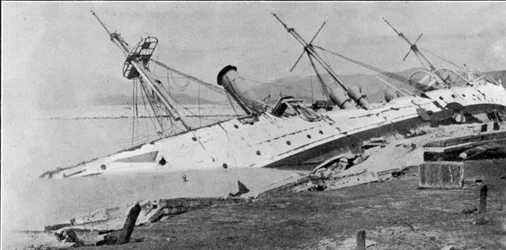 H.M Sloop Phoenix Driven Ashore by the Hong Kong Typhoon, illustration from The Graphic, October 27th 1906