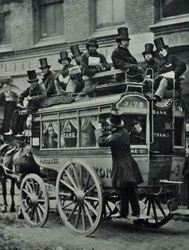 Horse-drawn omnibus of London Bridge Railway with passengers