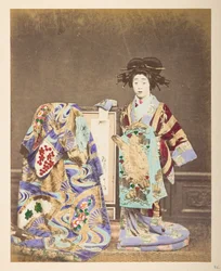 Japanese Woman in Traditional Dress, Full-Length Standing Studio Portrait, Lucas Collection: Photographic Record of the World Tour of Charles James and Morton P. Lucas