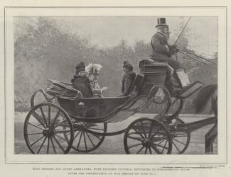 King Edward and Queen Alexandra, with Princess Victoria, returning to Marlborough House after the Presentation of War Medals on 12 June