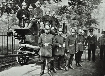 London Fire Brigade: group of firemen, with engine and turncocks