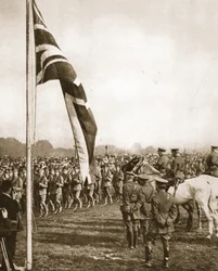 Lord French reviewing volunteers in Hyde Park: Eyes left at the saluting-base