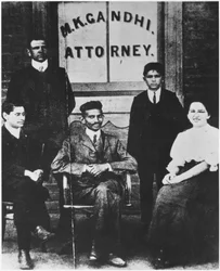 Mahatma Gandhi with his secretary Schlesin and three colleagues in Johannesburg, South Africa, 1901