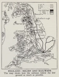 Map showing how railways in England follow the low ground as much as possible