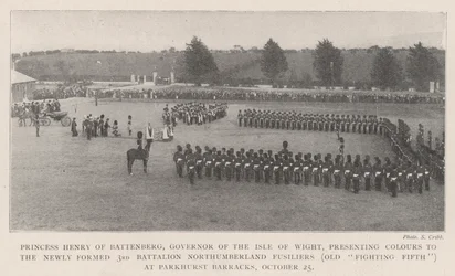Princess Henry of Battenberg, Governor of the Isle of Wight, presenting Colours to the Newly Formed 3rd Battalion Northumberland Fusiliers (Old Fighting Fifth) at Parkhurst Barracks, 25 October