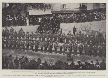 Reception at Kingston-on-Thames of the Service Corps of the 2nd East Surrey Volunteers returned from South Africa, the Mayor welcoming the Men at the Coronation Stone
