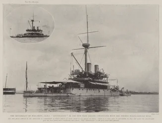 The Invisibility of War-Ships, HMS Devastation in the New Grey Colour contrasted with the Former Black-Painted Hull