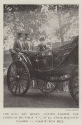 The King and Queen leaving London for Cowes on Thursday, 14 August, Their Majesties passing up Constitution Hill
