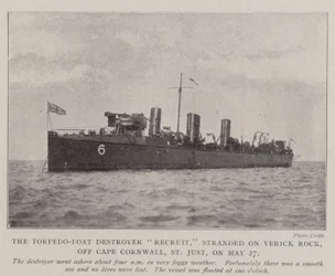 The Torpedo-Boat Destroyer Recruit, stranded on Verick Rock, off Cape Cornwall, St Just, on 27 May