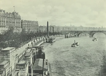 Waterloo Bridge, Victoria Embankment, Westminster: looking north from Hungerford Bridge, 1895