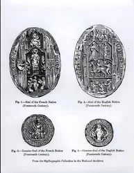 14th-century seals of the French and English nations, illustration from "Science and Literature of the Middle Ages and the Renaissance", written and engraved by Paul Lacroix