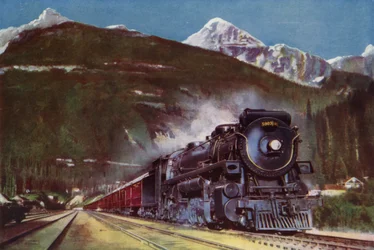 2-10-4 steam locomotive of the Canadian Pacific Railway at the foot of the Rocky Mountains, Canada