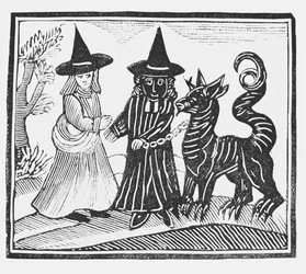 A Black and a White Witch with a Devil Animal, illustration from a collection of chapbooks on esoterica