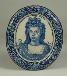 A Delft Blue and White Oval Royal Portrait Plaque of Queen Anne, Probably London, c.1705