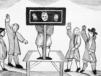 A Guilty Man in the Village Pillory, copy of a 16th century illustration, from a collection of chapbooks on esoterica