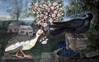 A Guinea Fowl and a Rook in a Landscape