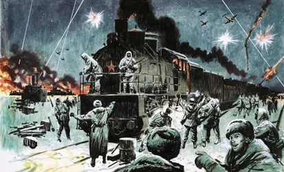 A Russian train brings supplies to Leningrad after two years of siege