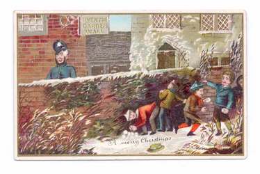 Victorian Christmas Card of Boys Hiding Behind a Brick Wall Throwing a Snowball at a Policeman