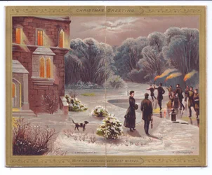 A Victorian Christmas Card of Skaters with Flaming Torches Skating on a Frozen Lake in Front of a Mansion with Onlookers and a Dog