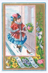 Victorian New Year Card of a Girl Dressed in a Fur Lined Cape Holding a Bouquet of Flowers Walking in the Snow, c.1880
