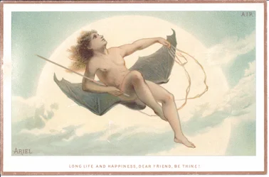 A Victorian Card of a Naked Man Holding a Rod and Sitting on a Pair of Huge Bat Wings Flying through the Clouds, c.1880