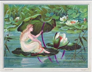 A Victorian greeting card of a fairy sailing on a stream on a lotus lily leaf with a lily leaf as a canopy