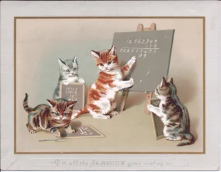 A Victorian greeting card of a kitten writing on a blackboard on an easel while two others hold small slates in their paws, c. 1880