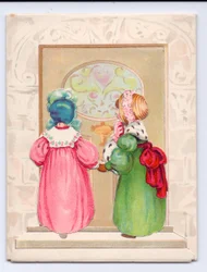 Victorian Greeting Card of Two Children Wearing Bonnets About to Enter a Front Door, c.1880