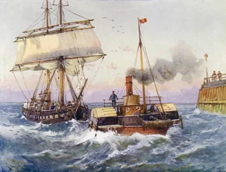 A brig being towed into port