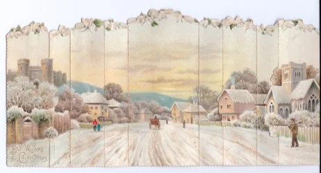Victorian Christmas Card of a Castle and Church with a Man Carrying a Spade in the Snow