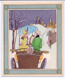 A Hand-Coloured French Pochoir Christmas Card of a Rencecy Couple in an Open Carriage Riding Through the Snow