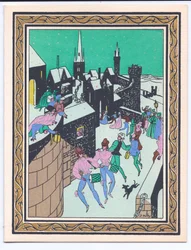 A Hand-Coloured French Pochoir Christmas Card of a Parade of Musicians Performing in the Ramparts of a Castle, c.1920