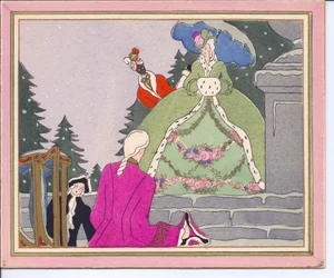 A hand-coloured French Pochoir Christmas card of a bewigged man alighting from a sedan chair and being met by a lady in an ermine fur-lined coat with her Black servant, circa 1920