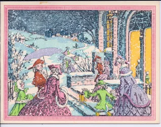 French Pochoir Christmas Card of Party Goers Arriving at Mansion